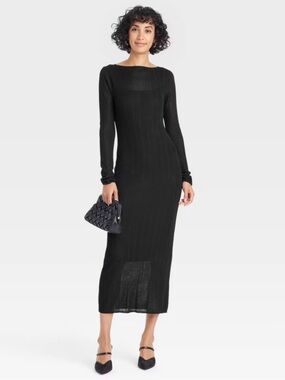 A New Day Black Mesg Long Sleeve Ribbed Knit Maxi Dress